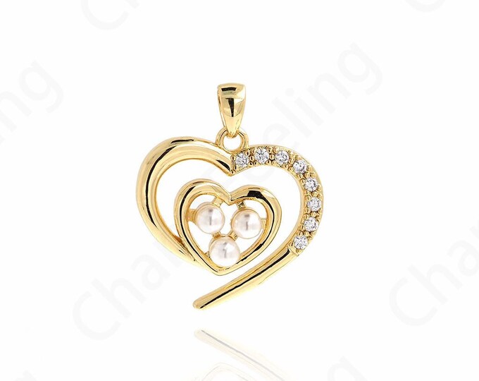 Micropavé CZ Heart Pendant,Pearl Heart Pendant,18K Gold Filled Love Necklace,Love Charm,Gift for Her,DIY Jewelry Accessories,23.5x19.5x4.6mm