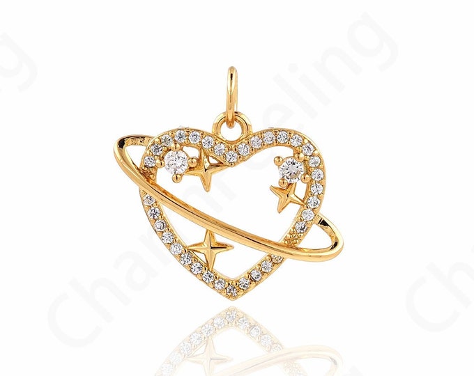 18K Gold Filled Ring Necklace, Heart Ring Charm, Heart Pendant, Micropavé CZ Love Charm, DIY Jewelry Supplies,18x19x3.3mm