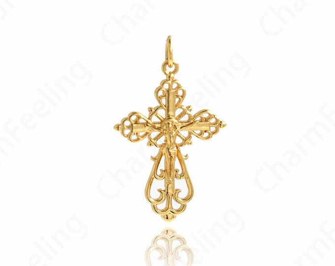 18K Filled Gold Cross Pendant, Cross Charm, Religious Jewelry, DIY Jewelry Making Accessories 25.5x17x2mm