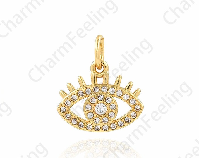 Eye Charm, 18K Gold Filled Eye Necklace, Micropavé CZ Lucky Eye Necklace, Devil's Eye Pendant, DIY Jewelry Supplies, 12.5x13.5x2mm