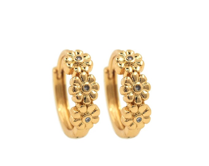Flower Earrings, 18K Gold Filled Round Earrings, Bone Clip Earrings, Micropavé CZ Flower Charm, DIY Jewelry Supplies, 13.5x14x4.5mm