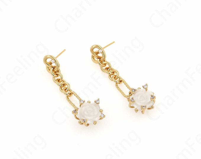 Micropavé CZ Fringe Earrings,18K Gold Filled Long Earrings,Flower Earrings,Boho Earrings,Enamel Earrings,DIY Jewelry Supplies,43x9.5x6mm