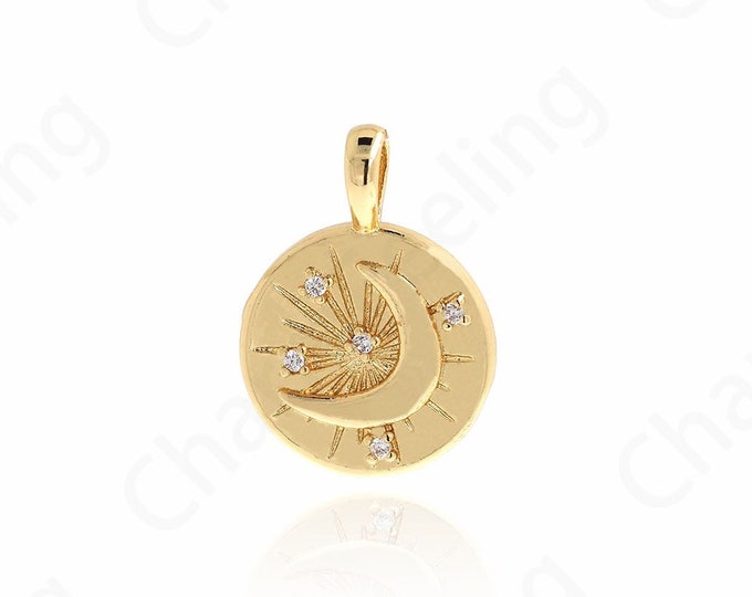 18k Gold Filled Shape Round Disc Charm Gold Moon Medal Pendant Round Pendant DIY jewelry supplies,25x18x2.5mm