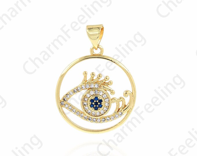 18K Gold Filled Round Eye Pendant,Micropavé CZ Eye Necklace, Coin Pendant,  Eye Charm,DIY Jewelry Accessories, 20x26.5x3.5mm