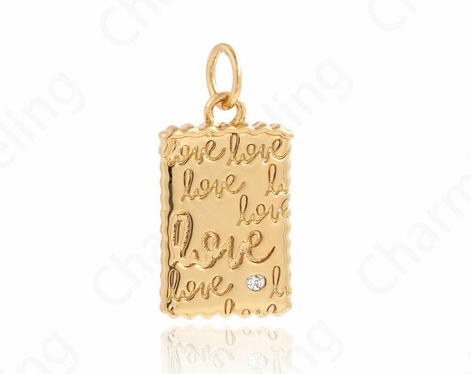 18K Gold Filled Square Pendant, Micropavé CZ Rectangle Necklace, Word Necklace, Word Charm, LOVE Necklace, DIY Jewelry Supplies, 20x10.2x2mm