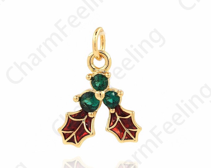 Fruit Pendant, Enamel Charm, Cherry Necklace, 18K Gold Filled Fruit Charm, Micropavé CZ Cherry Pendant, DIY Jewelry Supplies, 14.5x10x2.7mm