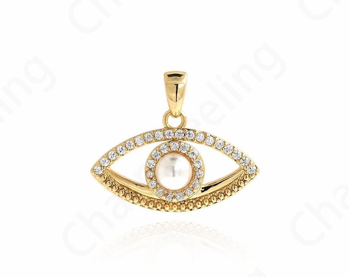 Micropavé CZ Devil's Eye Pendant,Lucky Eye Charm, 18K Gold Filled Eye Necklace, Pearl Charms,DIY Jewelry Supplies, 16.5x20x5.5mm