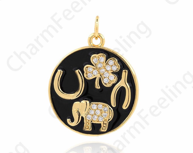Round Elephant Pendant,18K Gold Filled Round Necklace,Micropavé CZ Round Animal Pendant,Alchemy Coin Pendant 25x18.8x2mm