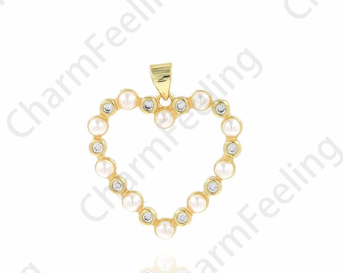 18K Gold Filled Love Necklace, Pearl Heart Pendant,Love Charm, Micropavé CZ Heart Pendant, Gift for Her, DIY Jewelry Accessories,25x28.5x4mm