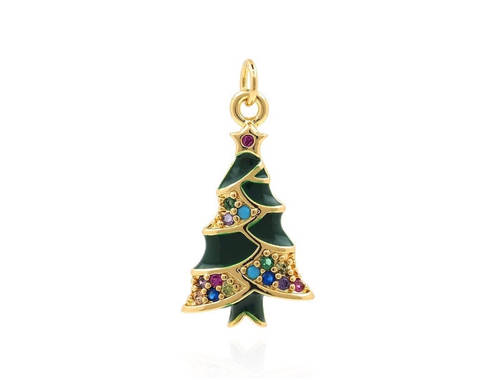 Micropavé CZ Christmas Gift Charm, 18K Gold Filled Christmas Tree Pendant, Christmas Tree Charm, Christmas Tree Necklace, 21x11x3mm