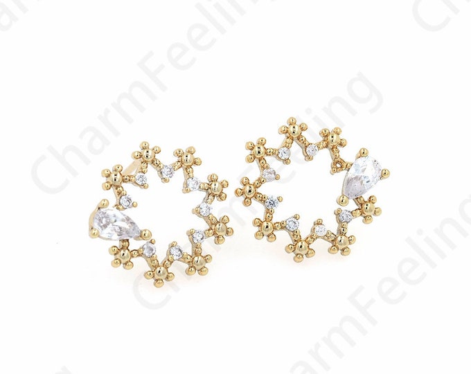 Round Earrings,Flower Charm,Micropavé CZ Snowflake Earrings,18K Gold Filled Bone Clip Earrings,DIY Jewelry Supplies,14x15mm