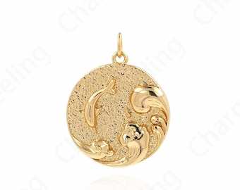 Round Fish Necklace, Tropical Fish Pendant, 18K Gold Filled Tropical Fish Pendant, Micropavé CZ Marine Life Jewelry, Fish Jewelry, 20x25x3mm