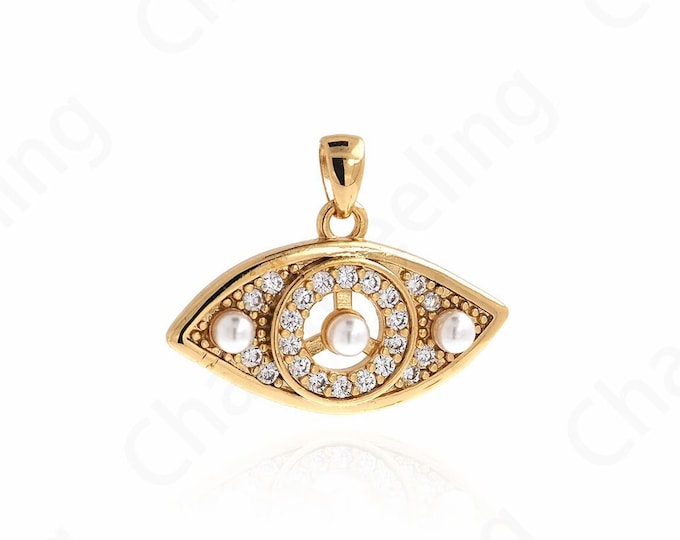 18K Gold Filled Pearl Charm,Eye Necklace, Micropavé CZ Devil's Eye Pendant,Lucky Eye Charm, DIY Jewelry Supplies, 19x23.5x4.5mm