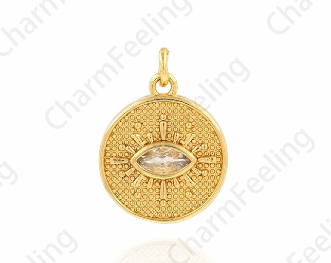 Round Eye Pendant, 18K Gold Filled Eye Charm,Micropavé CZ Eye Necklace, Coin Pendant, DIY Jewelry Accessories, 13.5x18x3mm