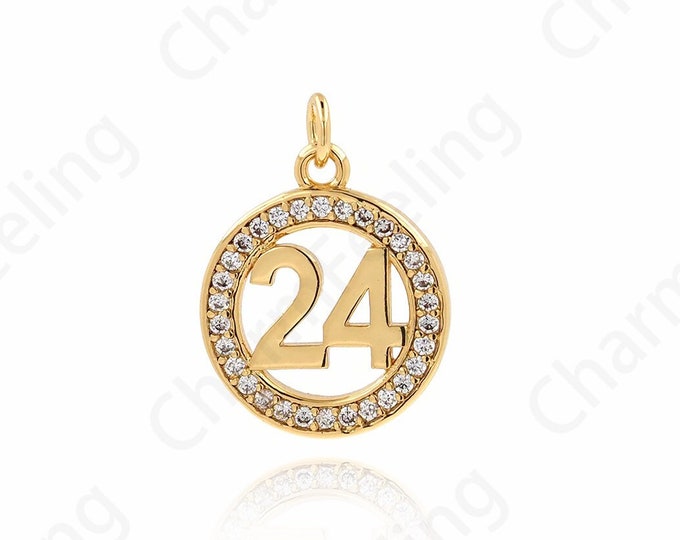 24 Charms, Angel Number Pendant, Round Charm, 18K Gold Filled 24 Necklace, Gift for Her, DIY Jewelry Supplies, 18x13.5x1.8mm