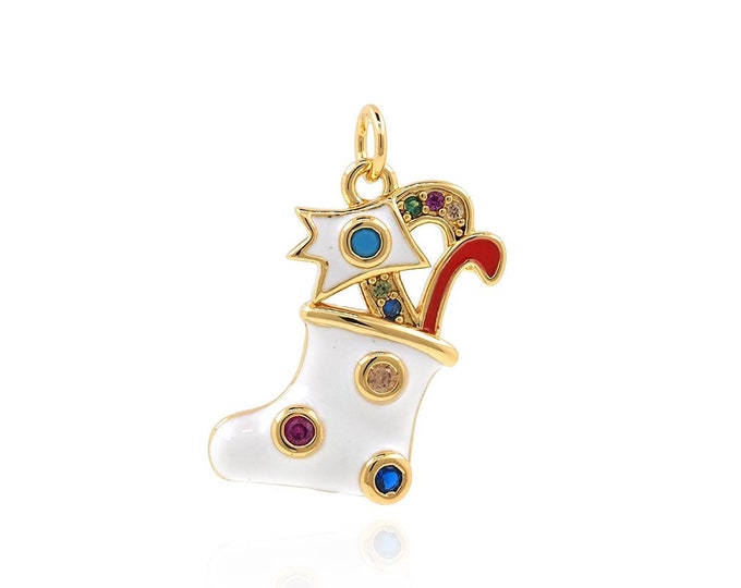 Christmas Stocking Pendant,Christmas Charm,Micropavé CZ Christmas Gift Necklace,18K Gold Filled Enamel Christmas Stocking Necklace,20x11x3mm