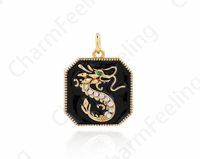 Square Pendant, Enamel Charm, 18K Gold Filled Dragon Pendant, Mythology Charm, Micropavé CZ Dragon Charm,DIY Jewelry Supplies, 22x16.5x2.2mm