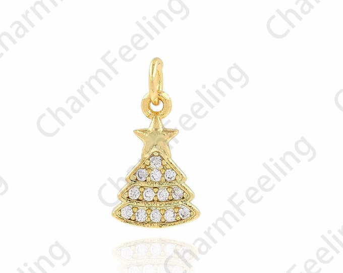 Micropavé CZ Christmas Gift Charm, 18K Gold Filled Christmas Tree Pendant, Christmas Tree Charm, Christmas Tree Necklace, 7.2x14.5x1mm