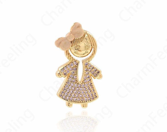 Girl Charm, Girl Pendant, Micropavé CZ Kids Charm, 18K Gold Filled Girl Necklace, DIY Jewelry Supplies, 28x16x6.5mm