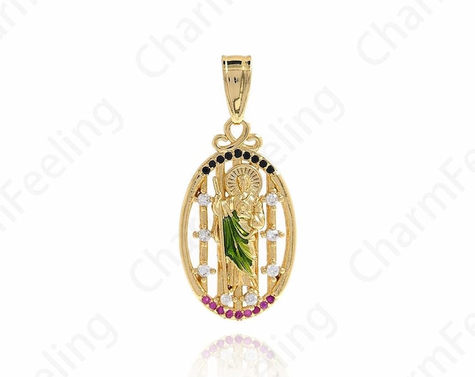 Micropavé CZ Gold Saint Jude Thaddeus Necklace,18K Gold Filled St.Jude Medallion Pendant,DIY Jewelry Supplies,36x16x3.8mm