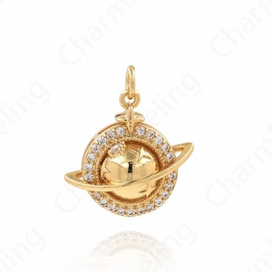 18K Gold Filled Planet Charm, Planet Pendant, Micropavé CZ Saturn Charm, Saturn Necklace, DIY Jewelry Accessories, 21x19.2x7mm