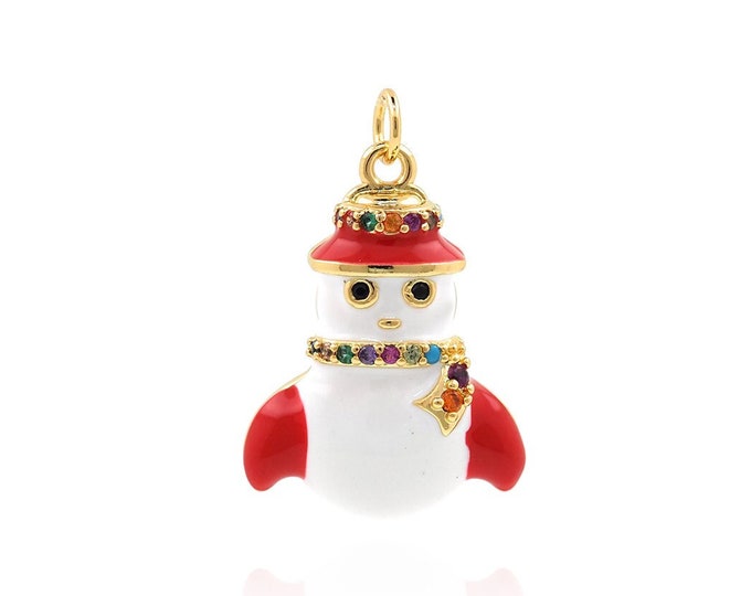 18K Gold Filled Christmas Snowman Necklace, Micropavé CZ Christmas Charm, Christmas Pendant, DIY Jewelry Accessories, 22x14.5x4mm