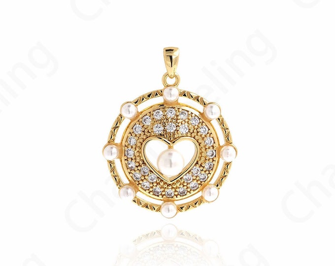 Heart Charm, Pearl Love Pendant, 18K Gold Filled Round Pendant, Micropavé CZ Heart Necklace,Love Necklace, 34x24.5x8mm