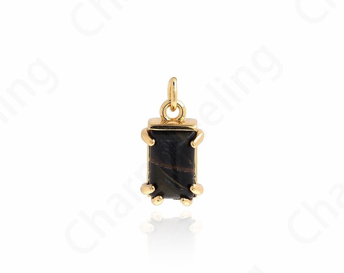 Tiger Stone Pendant, Square Pendant, 18K Gold Filled Natural Stone Pendant, Agate Necklace, DIY Jewelry Supplies, 14.5x7.5x4.5mm