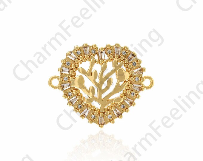 18K Gold Filled Heart-Shaped Connector, Tree Connector, Micro-paved CZ Heart Tree Connector, Plant Charm, Love Charm, 23.5x18.5x3mm