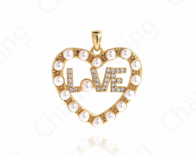 Pearl Heart Pendant,18K Gold Filled Love Necklace,Micropavé CZ Heart Pendant,Love Charm,Gift for Her,DIY Jewelry Accessories,27.5x25.5x4.3mm