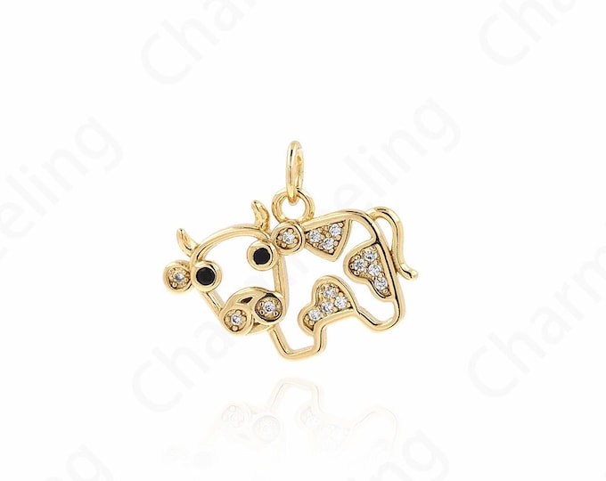 Wild Animal Charm, 18K Gold Filled Cow Charm, Micropavé CZ Animal Necklace,Animal Pendant, DIY Jewelry Supplies, 15.5x19x2.5mm