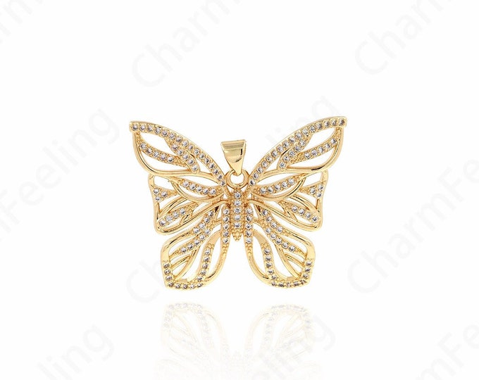 MicroPave  CZ Butterfly Necklace, Butterfly Charm, Butterfly Pendant, Animal Charm,DIY Jewelry Making Accessories 28.5x35.5x4mm