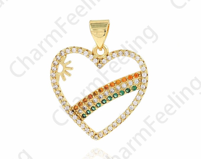 Micropavé CZ Rainbow Heart-Shaped Necklace, 18K Gold Filled Love Pendant,Rainbow Charm, DIY Jewelry Accessories, 20x25x2.8mm