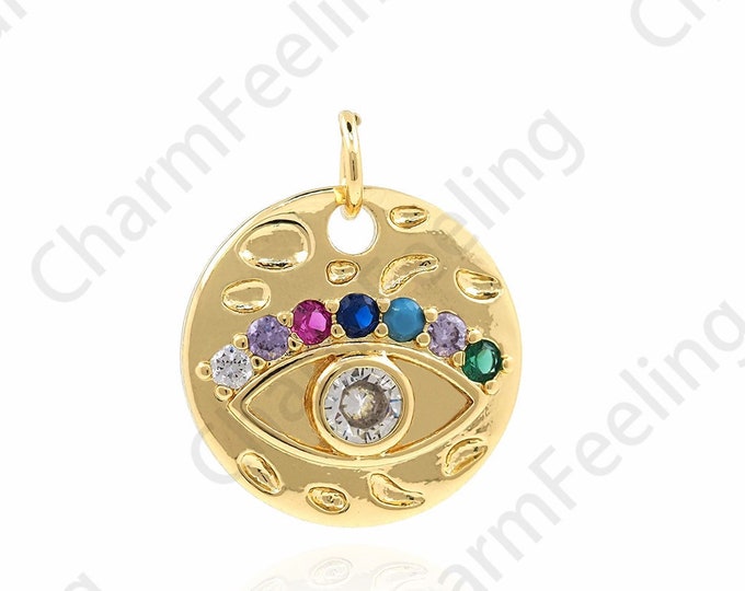 18K Gold Filled Eye Pendant,Round Necklace, Micropavé CZ Eye Charm,Round Charm, DIY Jewelry Making Accessories, 17x15x3.5mm