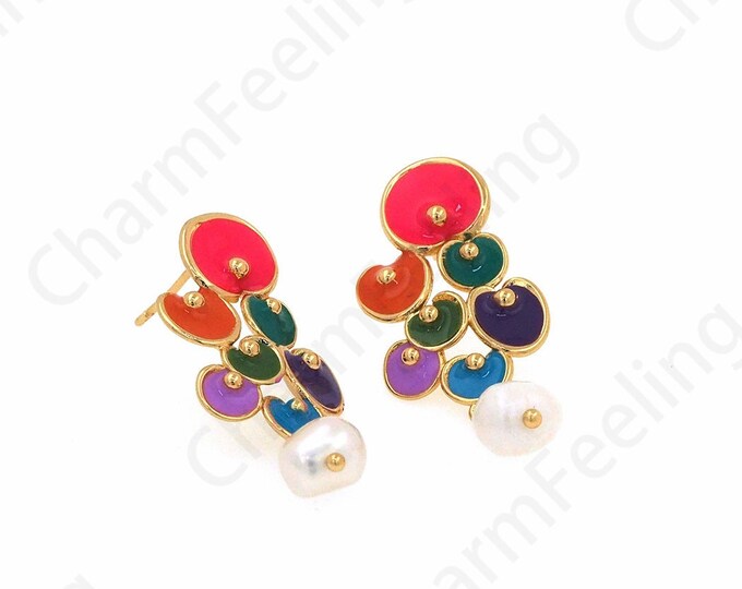 Flower Earrings, Enamel Earrings, 18K Gold Filled Pearl Earrings, Micropavé CZ Dainty Earrings, DIY Jewelry Supplies, 12.5x12.8x34.5mm