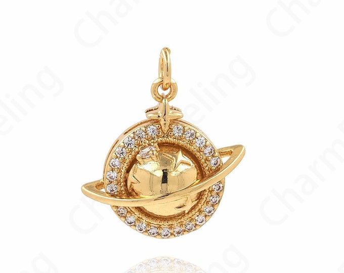 18K Gold Filled Planet Charm, Planet Pendant, Micropavé CZ Saturn Charm, Saturn Necklace, DIY Jewelry Accessories, 21x19.2x7mm