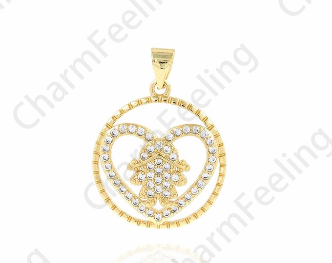 Kids Pendant,Micropavé CZ Heart Pendant, 18K Gold Filled Round Pendant, Charm of Love, Heart Necklace,Girl Pendant, 19.5x27x3.3mm