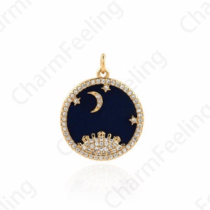 Micropavé Moon Pendant, 18K Gold Filled Circle Pendant, Disc Charm, Crescent Necklace, Star Pendant, DIY Jewelry Supplies, 26.5x20x3.5mm