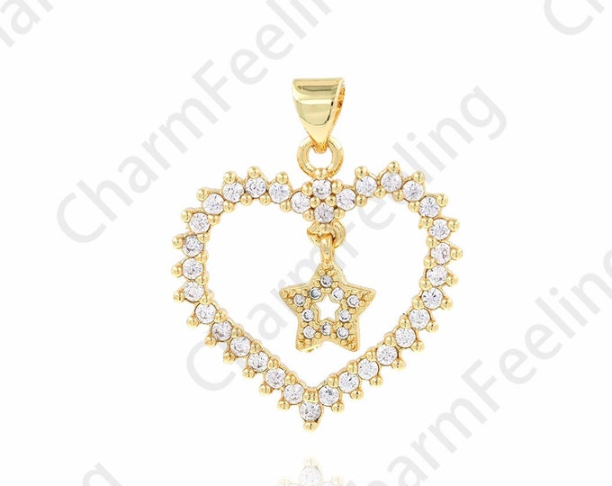 18K Gold Filled Dainty Necklace, Heart Pendant, Pentagram Charm, Micropavé CZ Love Charm, Gift For Her, DIY Jewelry Supplies, 23x28x2.7mm