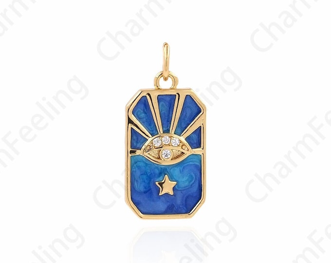Square Pendant, Eye Pendant, Micropavé CZ Eye Necklace, 18K Gold Filled Enamel Charm, Pentagram Pendant,DIY Jewelry Supplies,22.2x10.5x2.1mm