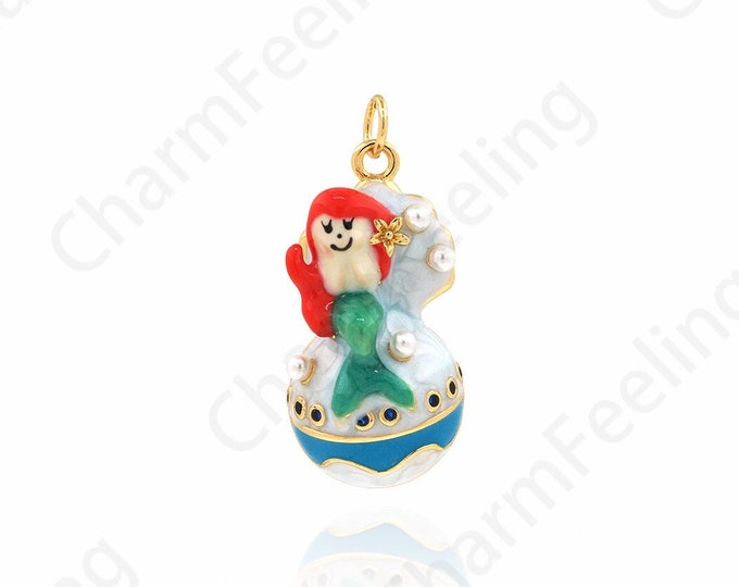 Mermaid Pendant, Puffed Pendant, 18K Gold Filled Mystical Creature Charm, Ocean Necklace, Enamel Charm, DIY Jewelry Supplies, 13.7X30X8.5mm