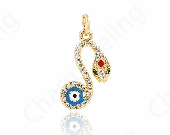 Music Pendant, Evil Eye Necklace, 18K Gold Filled Snake Charm, Micropavé CZ Enamel Charm, DIY Jewelry Supplies, 22.2x11x2.5mm