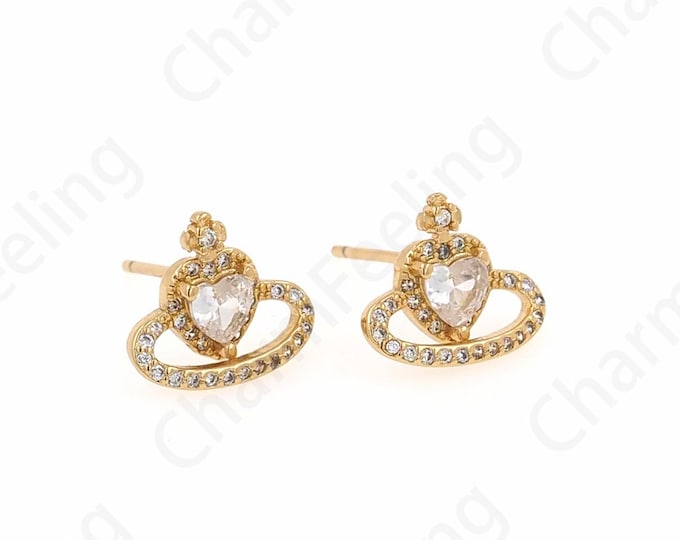 Heart Earrings, Saturn Earring,Micropavé CZ Earring Accessories, 18K Gold Filled Pierced Earrings, DIY Earring Accessories,12x10x3.5mm