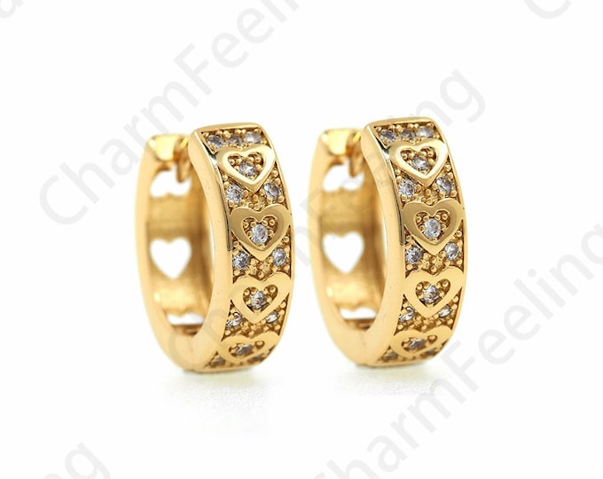 1 Pair,Simple Heart-Shaped Earrings, Micropaved CZ Gold Earrings, 18K Gold Filled Heart-Shaped Earrings, A Gift For Her,14x14x4mm
