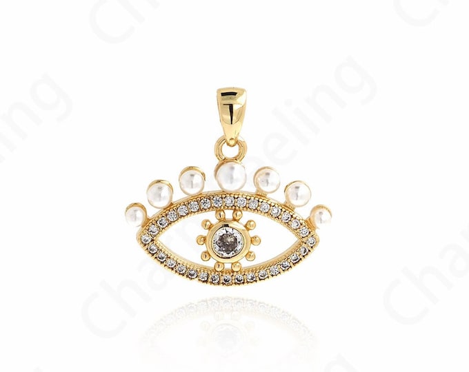 Lucky Eye Charm, 18K Gold Filled Eye Necklace, Micropavé CZ Devil's Eye Pendant,Pearl Charms,DIY Jewelry Supplies, 19.5x19.6x3.8mm