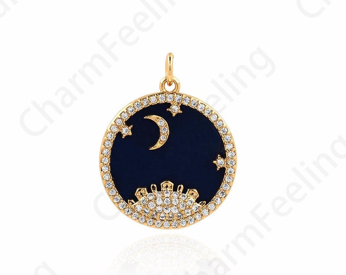 Micropavé Moon Pendant, 18K Gold Filled Circle Pendant, Disc Charm, Crescent Necklace, Star Pendant, DIY Jewelry Supplies, 26.5x20x3.5mm