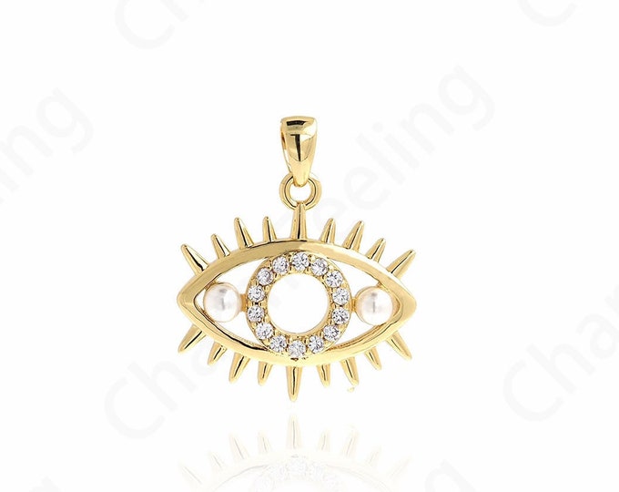 Eye Necklace, Lucky Eye Charm, Micropavé CZ Devil's Eye Pendant,18K Gold Filled Pearl Charm,DIY Jewelry Supplies, 23x19x4mm