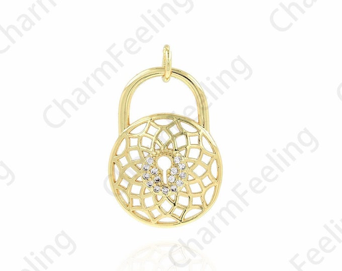 Micro-Pave CZ Round Lock Pendant, Lock Necklace, Lock Charm, Lock Charm, DIY Jewelry Making Supplies 15x24x2.5mm