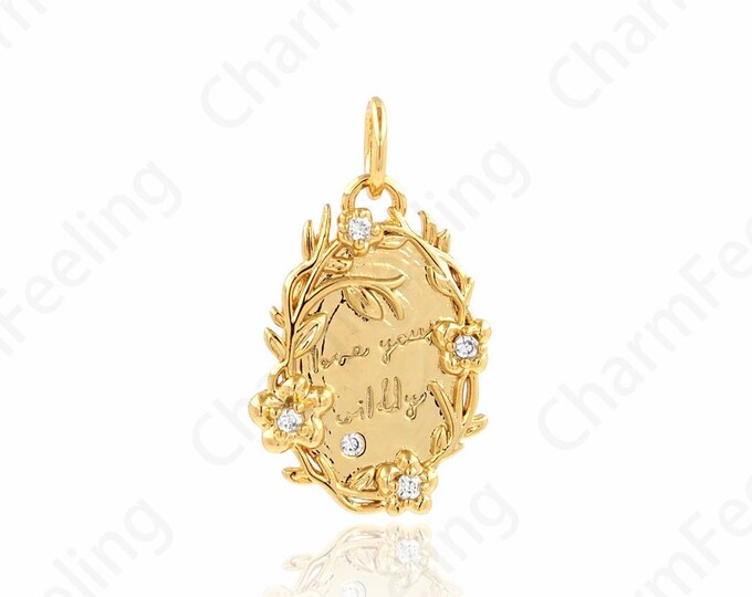 Oval Pendant, Plant Charm, 18K Gold Filled Plant Necklace, Micropavé CZ Text Pendant, DIY Jewelry Supplies, 20x12x2mm