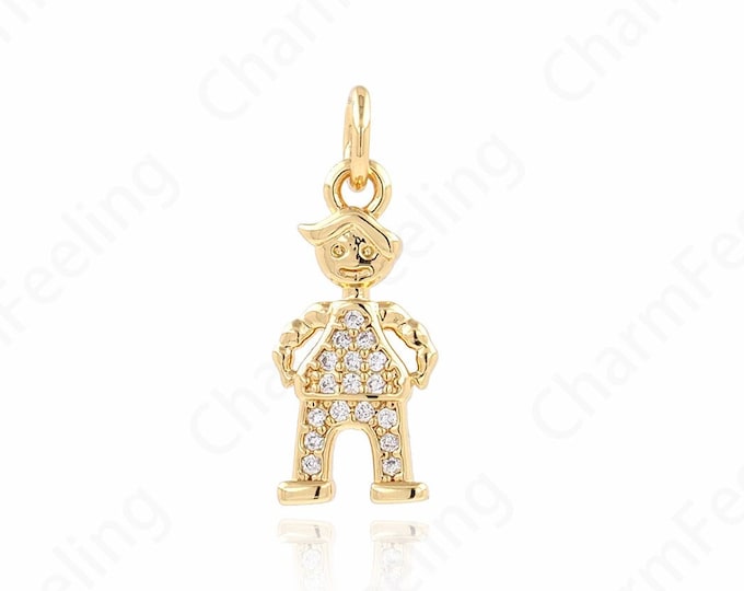 Boys Pendant, Micropavé CZ Kids Charm, Boys Necklace, 18K Gold Filled Boys Charm, DIY Jewelry Supplies, 19x8x2mm